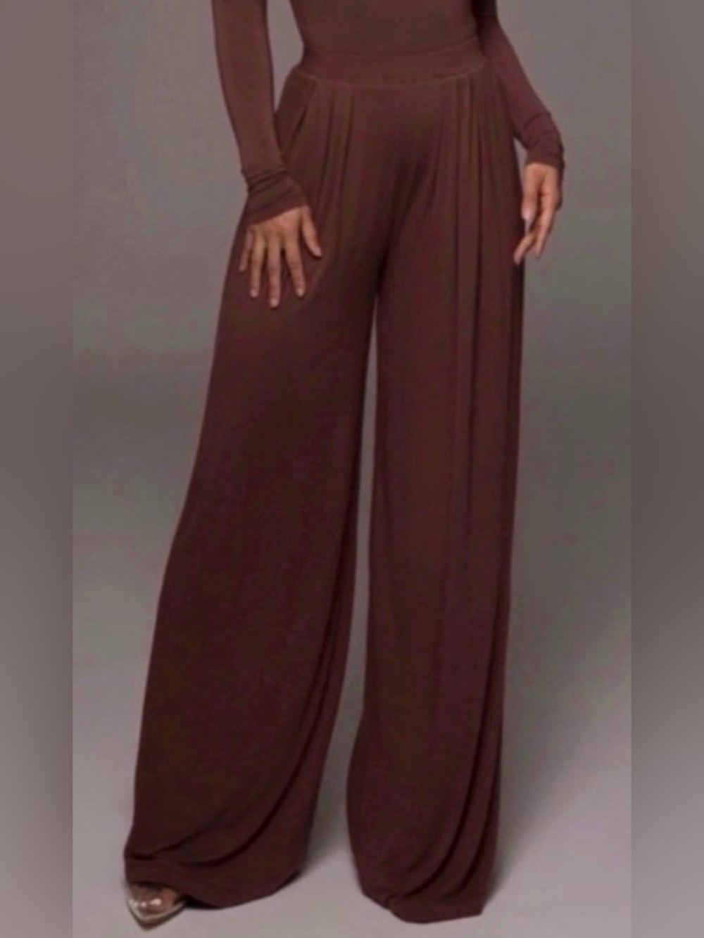 Women’s Dark Brown Self-Double Layer Wide Leg Pants Medium